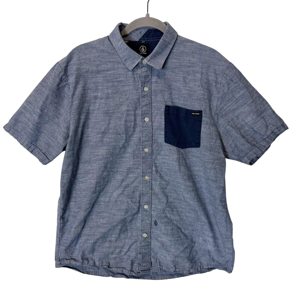 Volcom Shirt Mens Large Blue Chambray Short Sleeve Button Up Pocket Casual